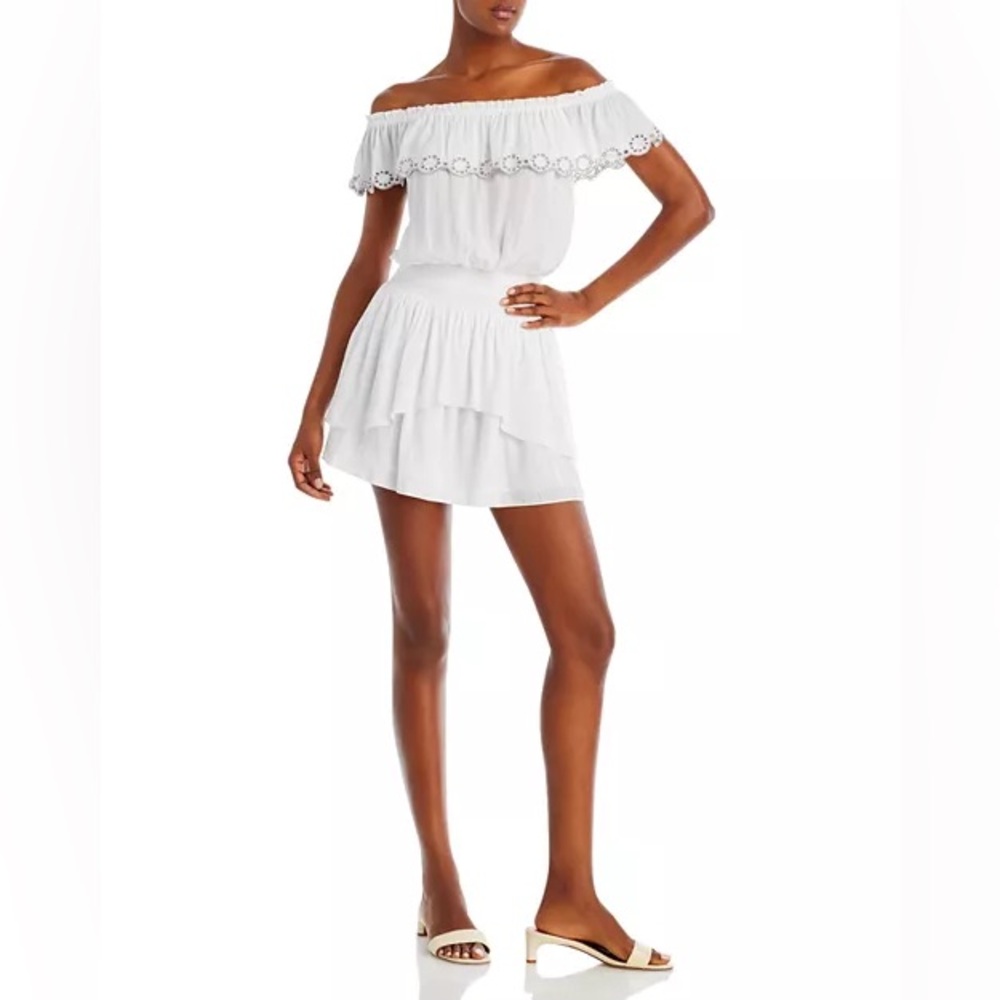 Ramy Brook Cynthia Off The Shoulder Mini Dress Ruffle Tier Beaded Eyelet White L